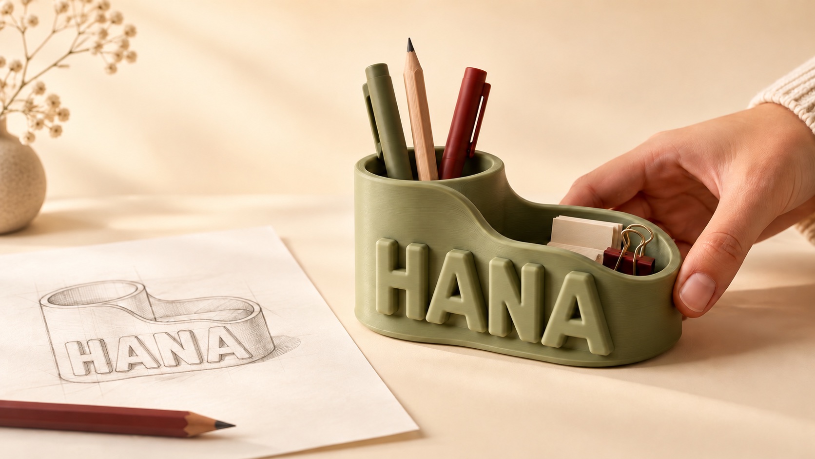 Conceito visual de organizador personalizado com o nome Hana, criado a partir de um esboço