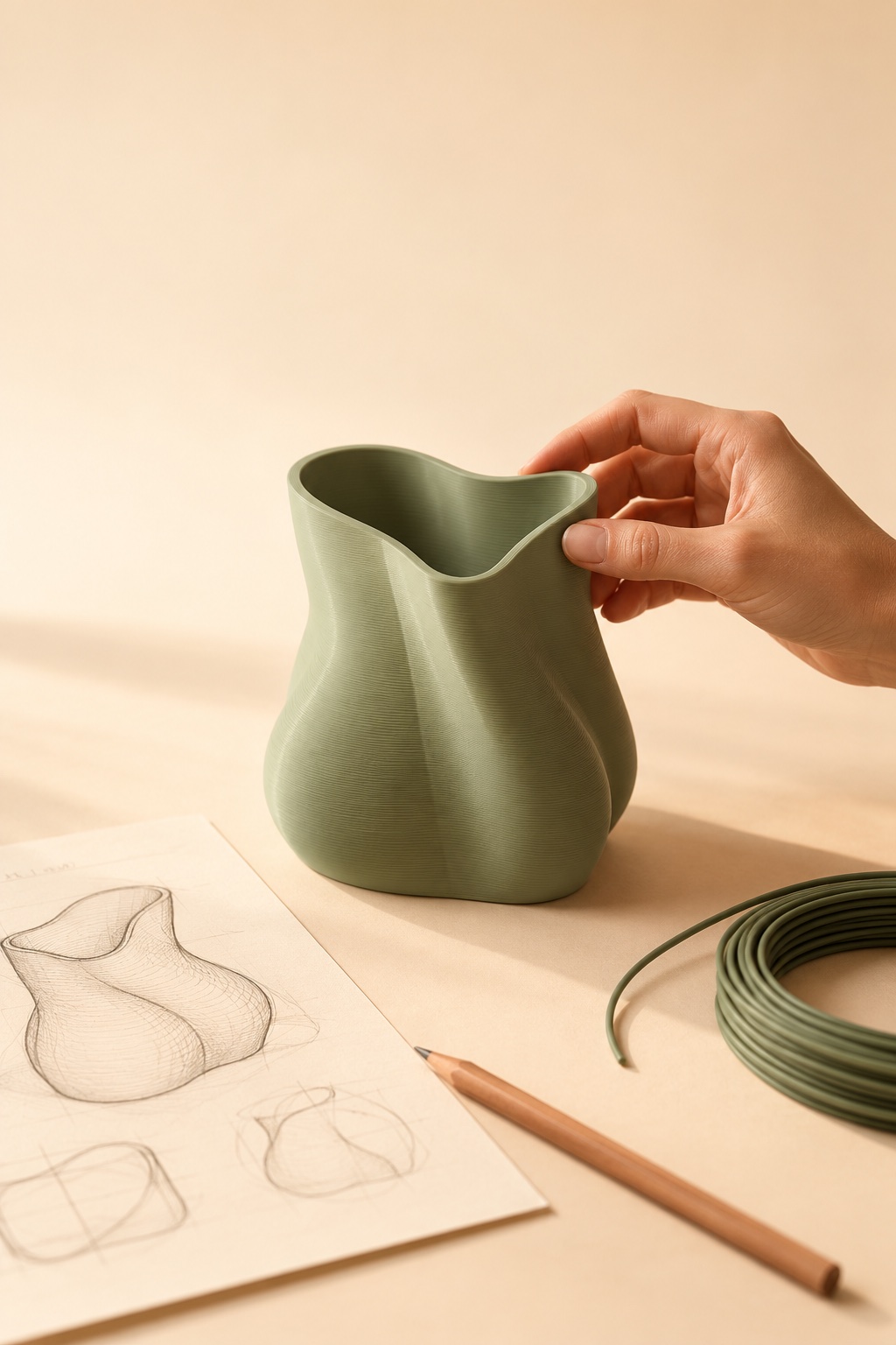 Exemplo ilustrativo de peça autoral em impressão 3D sendo criada a partir de um esboço